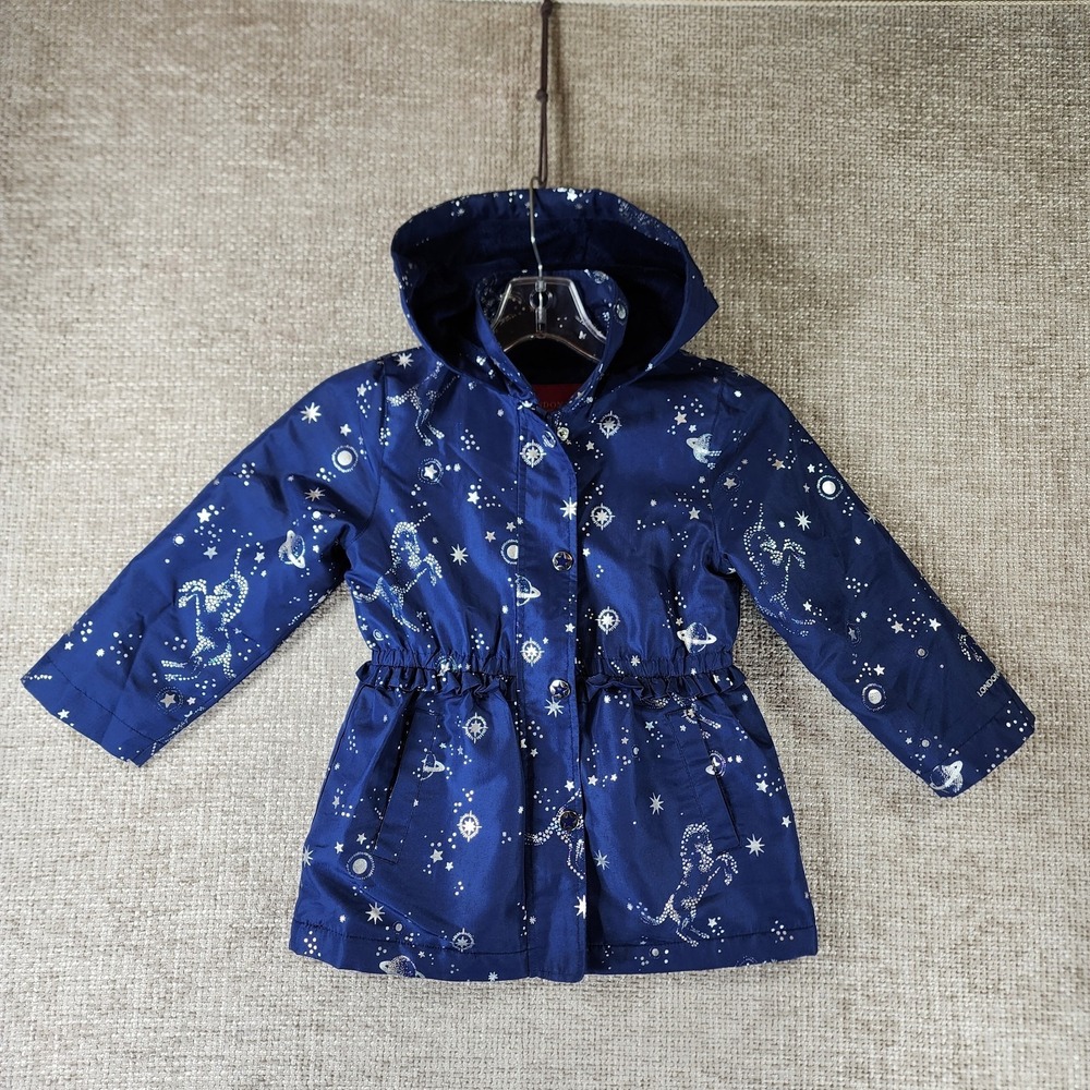 London Fog Fleece Lined Jacket Girls 5 Navy Silver Unicorns Celestial Hooded